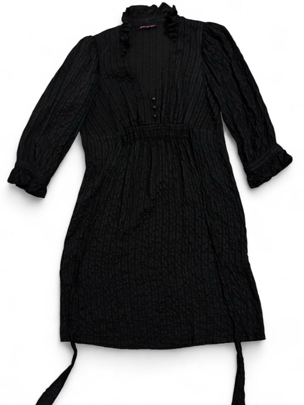 Vintage Betsey Johnson Black Ruffled V-Neck Mini Dress, Size 6